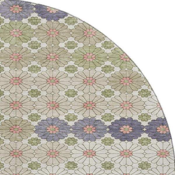 HomeRoots 8' Modern Geometric Round Rug in Artichoke Green, Purple & Beige – Washable, UV-Protected & Stylish! 696851