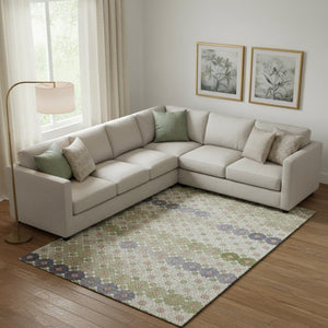 HomeRoots 9' Geometric Area Rug in Artichoke Green, Purple & Beige – Washable, UV-Protected, Non-Slip Design 696853