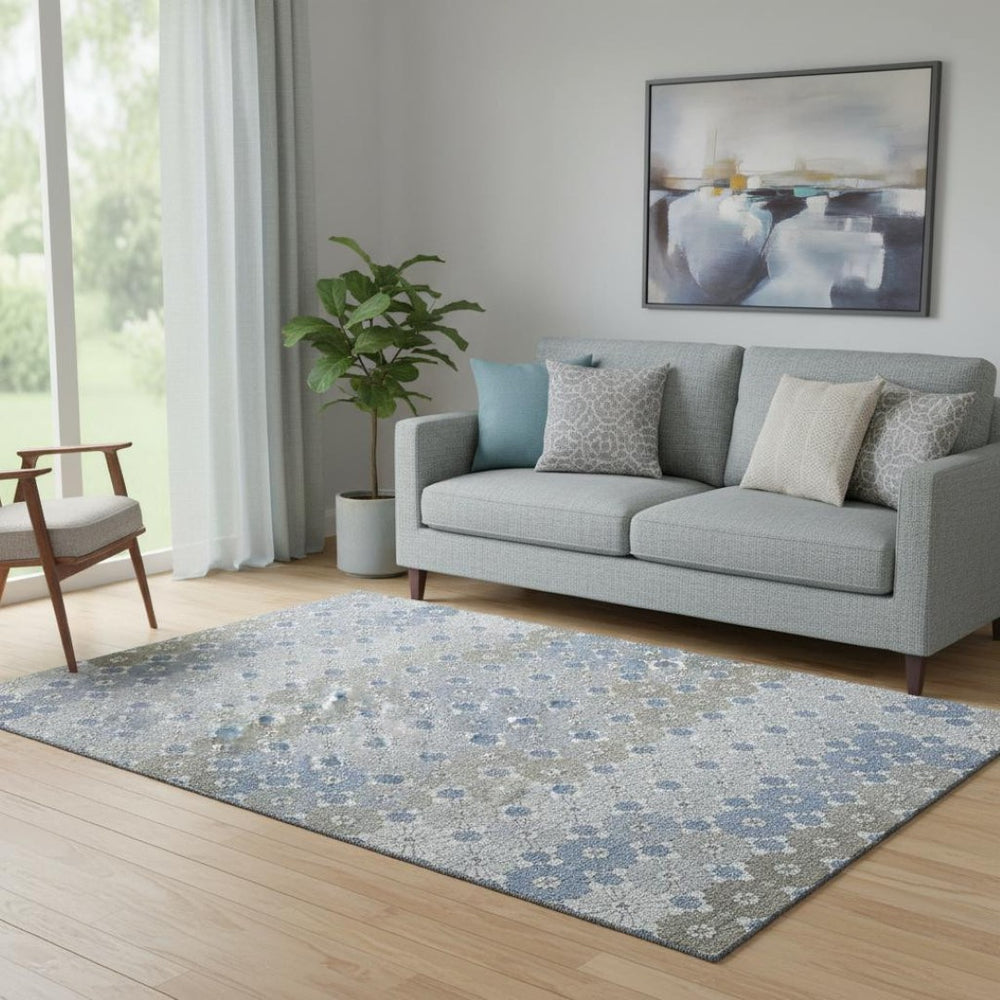 HomeRoots 5' X 8' Denim Blue Gray Silver Geometric Area Rug - Washable, UV Protected, & Stain-Resistant Design 696856