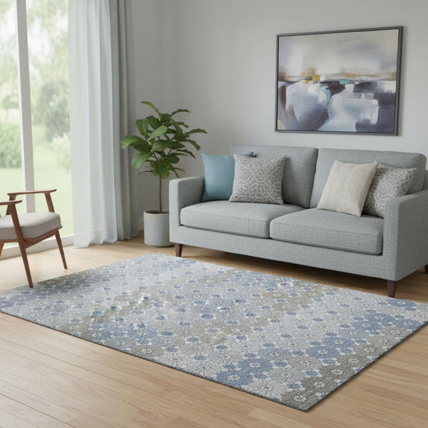 HomeRoots 5' X 8' Denim Blue Gray Silver Geometric Area Rug - Washable, UV Protected, & Stain-Resistant Design 696856