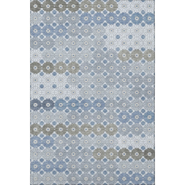 HomeRoots 5' X 8' Denim Blue Gray Silver Geometric Area Rug - Washable, UV Protected, & Stain-Resistant Design 696856