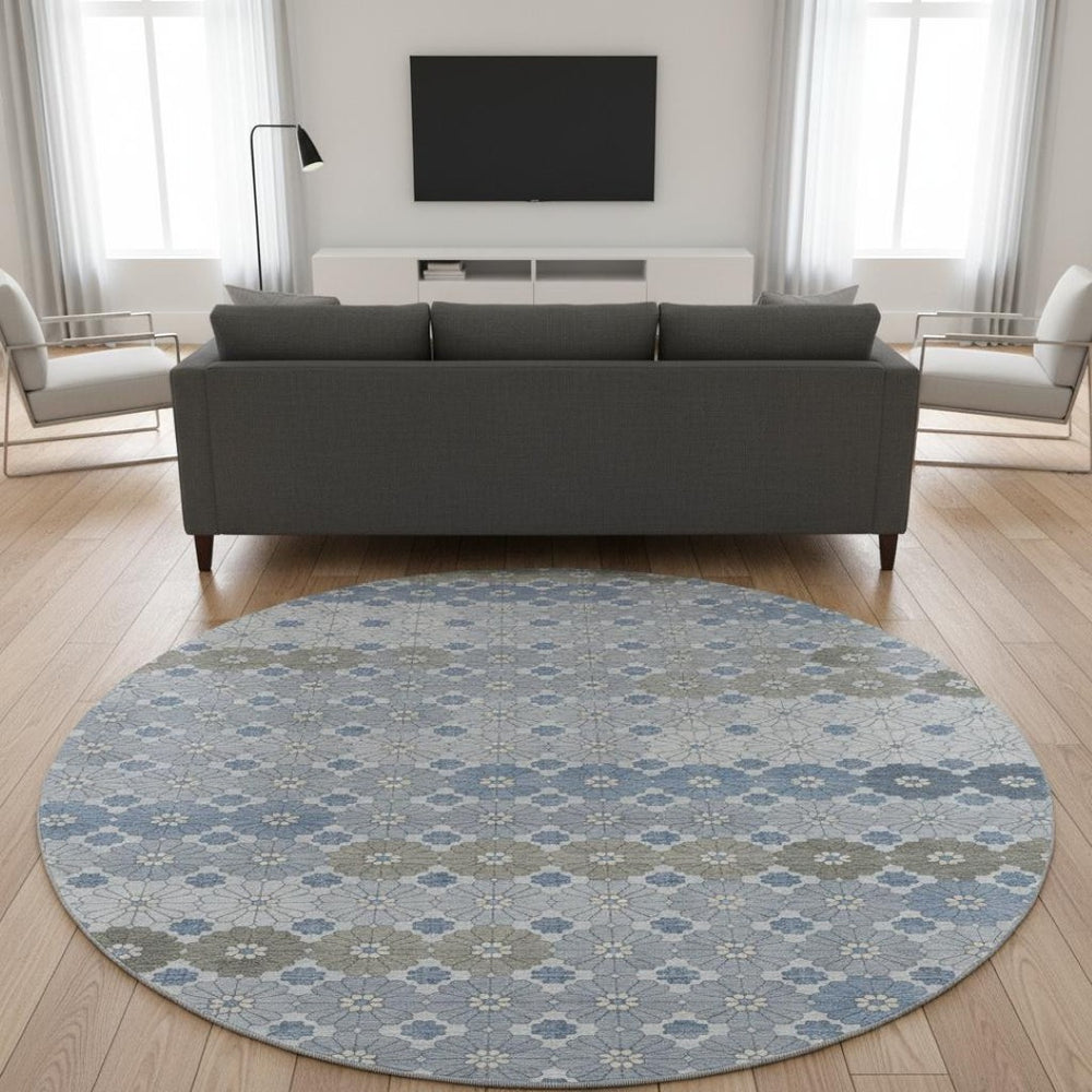 HomeRoots 8' Washable Denim Blue, Gray & Silver Round Rug with Geometric Design – UV & Stain Resistant! 696857