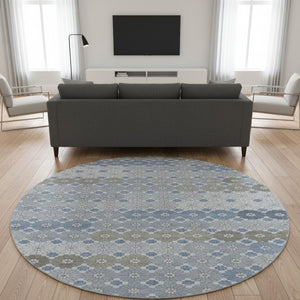 HomeRoots 8' Washable Denim Blue, Gray & Silver Round Rug with Geometric Design – UV & Stain Resistant! 696857