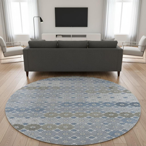 HomeRoots 8' Washable Denim Blue, Gray & Silver Round Rug with Geometric Design – UV & Stain Resistant! 696857
