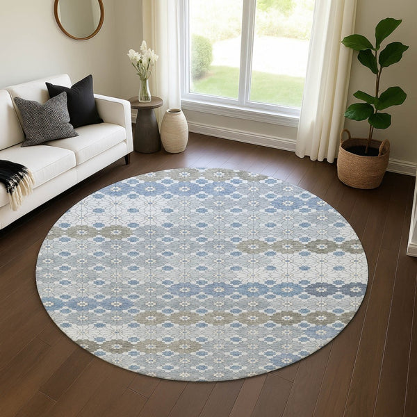 HomeRoots 8' Washable Denim Blue, Gray & Silver Round Rug with Geometric Design – UV & Stain Resistant! 696857