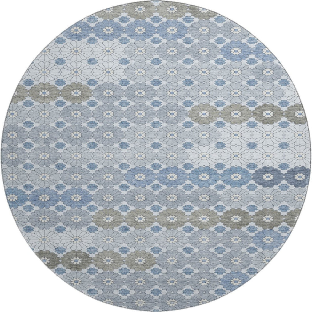 HomeRoots 8' Washable Denim Blue, Gray & Silver Round Rug with Geometric Design – UV & Stain Resistant! 696857