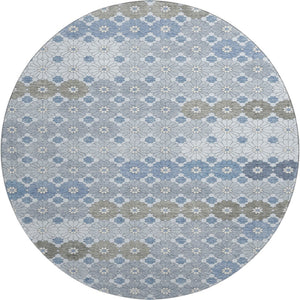 HomeRoots 8' Washable Denim Blue, Gray & Silver Round Rug with Geometric Design – UV & Stain Resistant! 696857