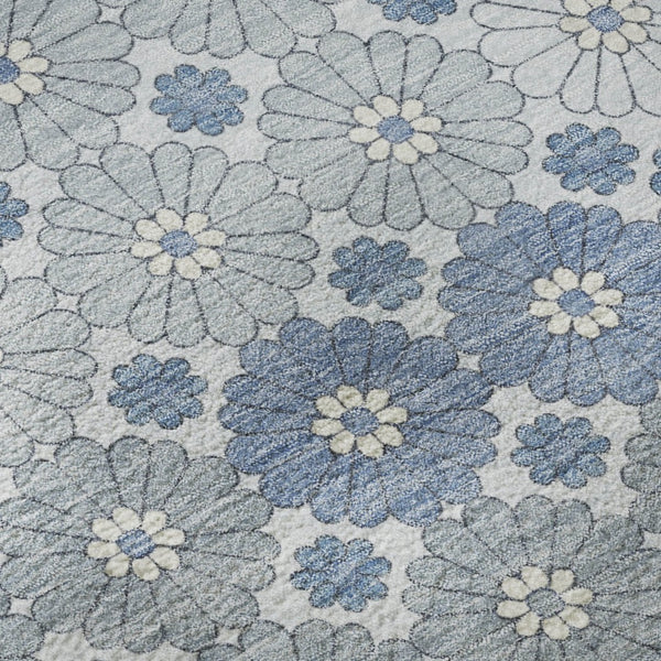 HomeRoots 8' Washable Denim Blue, Gray & Silver Round Rug with Geometric Design – UV & Stain Resistant! 696857