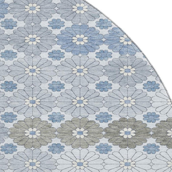 HomeRoots 8' Washable Denim Blue, Gray & Silver Round Rug with Geometric Design – UV & Stain Resistant! 696857