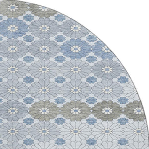 HomeRoots 8' Washable Denim Blue, Gray & Silver Round Rug with Geometric Design – UV & Stain Resistant! 696857