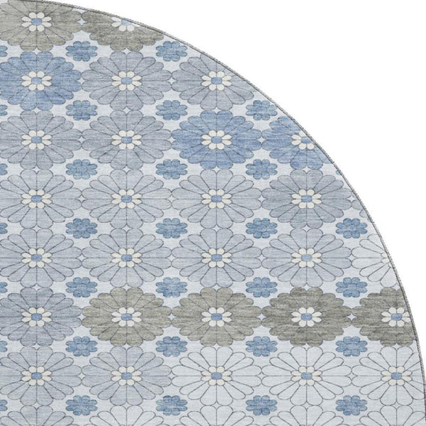 HomeRoots 8' Washable Denim Blue, Gray & Silver Round Rug with Geometric Design – UV & Stain Resistant! 696857