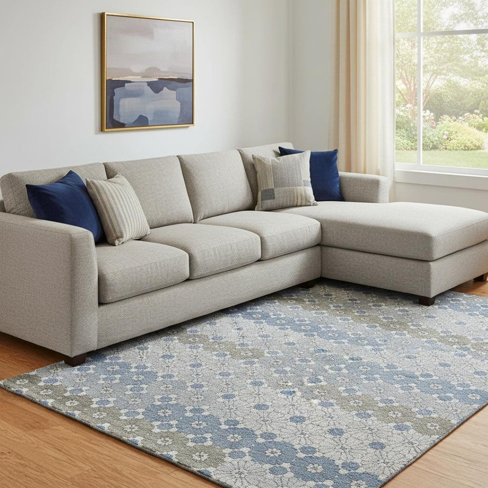 HomeRoots 8' X 10' Denim Blue Gray & Silver Geometric Washable Area Rug - Durable, Stylish, UV-Protected Design 696858
