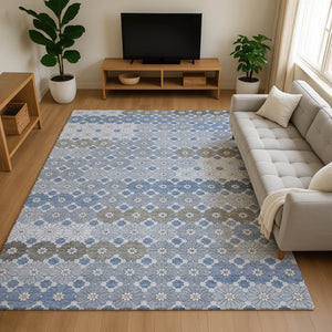 HomeRoots 9' X 12' Stylish Denim Blue Gray Silver Geometric Area Rug - Washable, Stain Resistant, UV Protected 696859