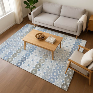 HomeRoots 9' X 12' Stylish Denim Blue Gray Silver Geometric Area Rug - Washable, Stain Resistant, UV Protected 696859