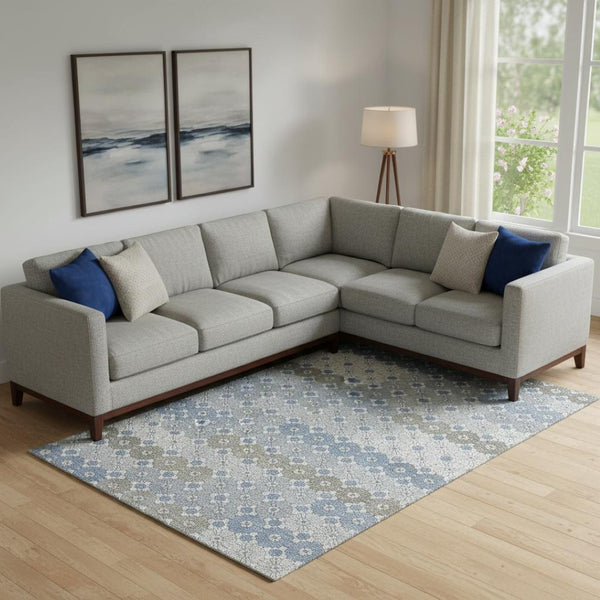 HomeRoots 10' X 14' Denim Blue Gray Silver Geometric Area Rug - Durable, Stain-Resistant, UV-Protected Design 696860