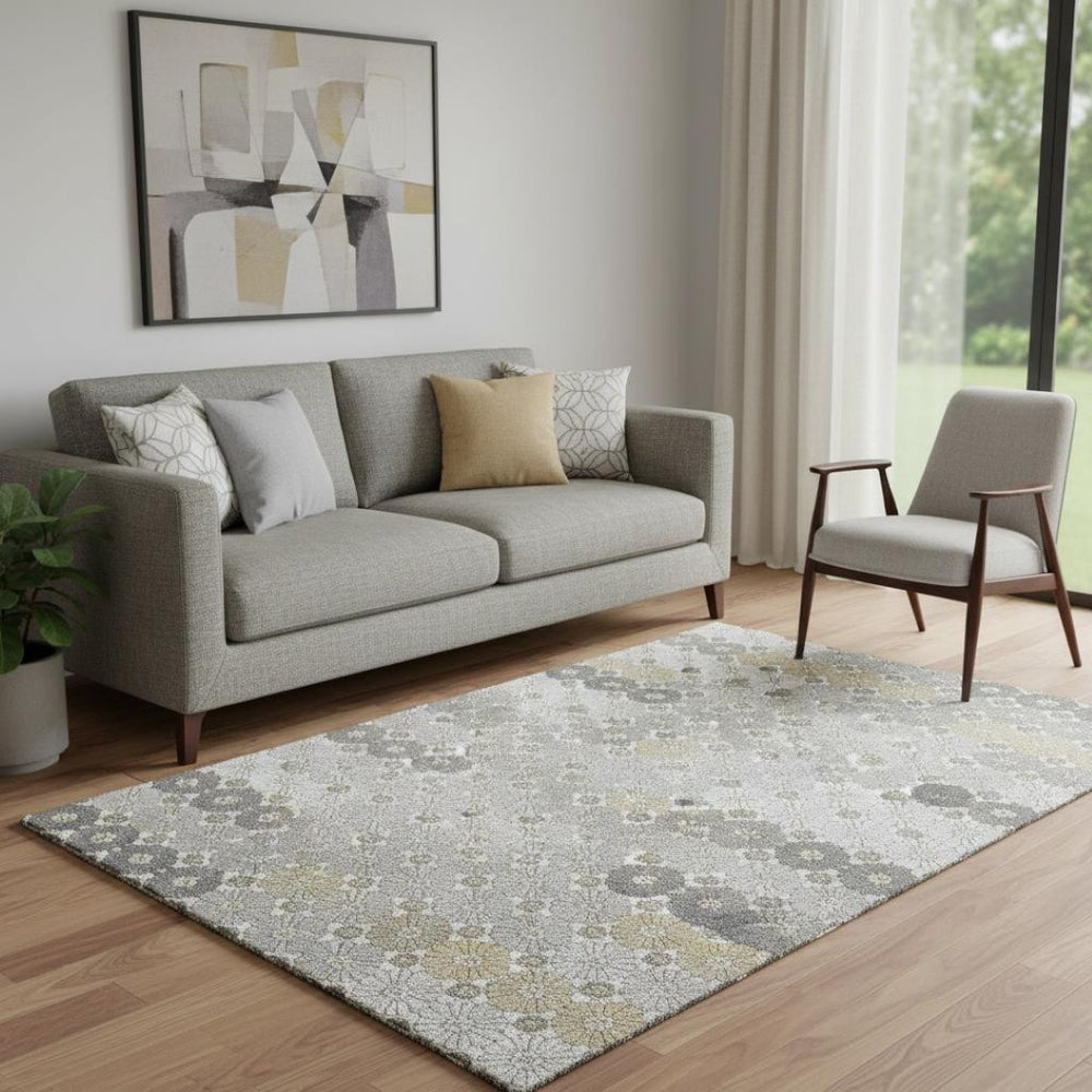 HomeRoots 5' X 8' Geometric Area Rug in Gray, Silver & Beige - Washable, Stain-Resistant, UV Protected Durability 696862