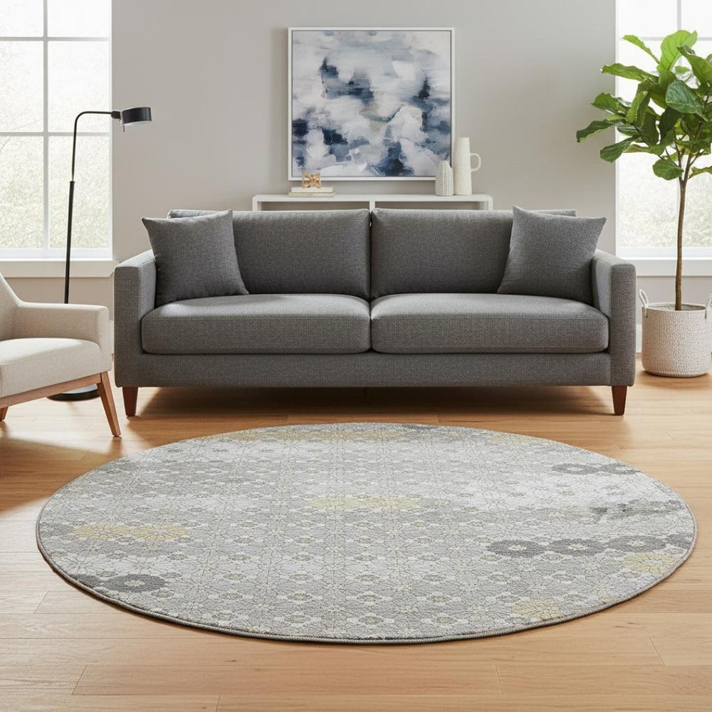 HomeRoots 8' Geometric Washable Round Rug in Gray, Silver & Beige - UV Protected, Durable & Stylish Design 696863