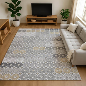 HomeRoots 8' X 10' Geometric Area Rug in Gray-Silver & Beige - Washable, UV-Protected, Durable Design for Homes 696864