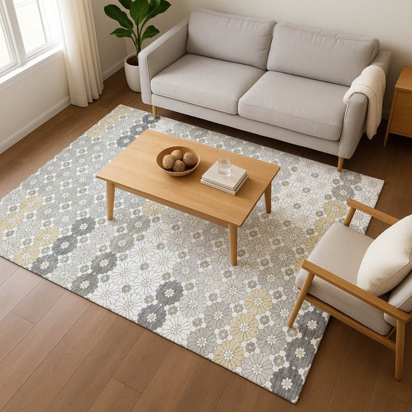 HomeRoots 8' X 10' Geometric Area Rug in Gray-Silver & Beige - Washable, UV-Protected, Durable Design for Homes 696864