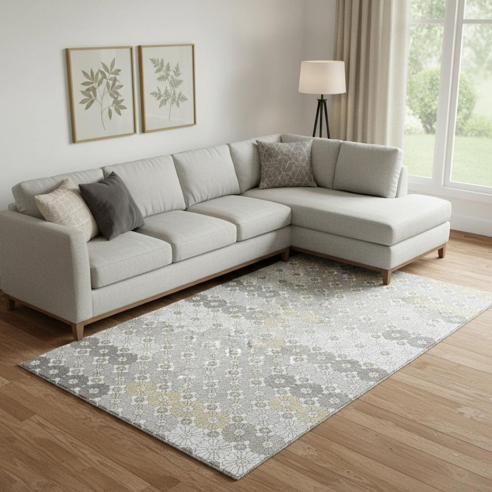 HomeRoots 9' X 12' Gray Silver Beige Geometric Area Rug - Washable, UV Protected for Modern Living Spaces! 696865