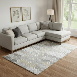 HomeRoots 9' X 12' Gray Silver Beige Geometric Area Rug - Washable, UV Protected for Modern Living Spaces! 696865