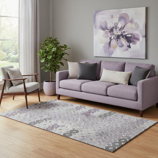 HomeRoots 5' X 8' Stylish Lavender Gray & Silver Geometric Area Rug – Washable, UV-Protected, Durable Design 696868