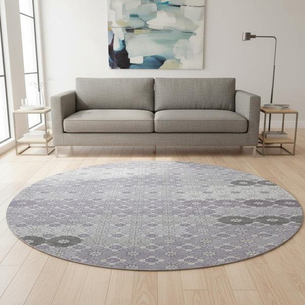 HomeRoots 8' Modern Geometric Lavender Gray & Silver Washable Round Rug with UV Protection for Stylish Spaces 696869
