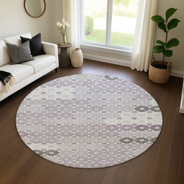 HomeRoots 8' Modern Geometric Lavender Gray & Silver Washable Round Rug with UV Protection for Stylish Spaces 696869