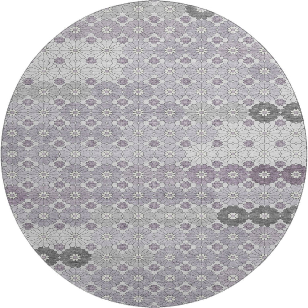 HomeRoots 8' Modern Geometric Lavender Gray & Silver Washable Round Rug with UV Protection for Stylish Spaces 696869