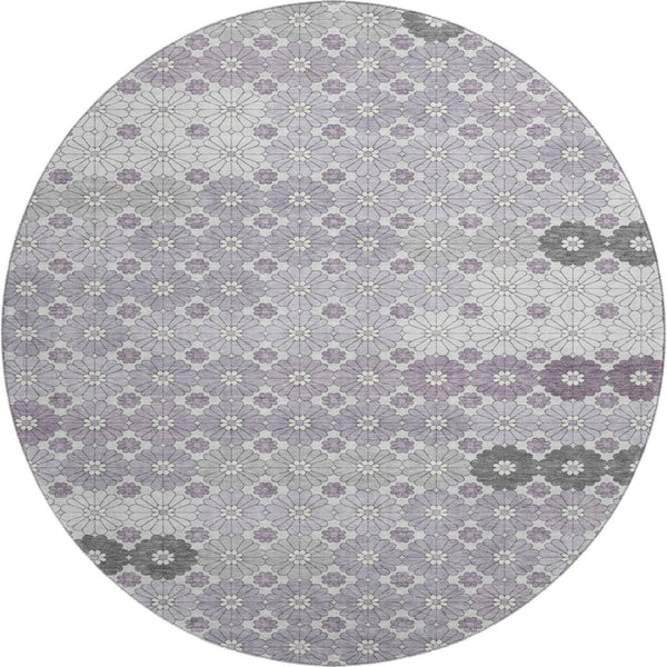 HomeRoots 8' Modern Geometric Lavender Gray & Silver Washable Round Rug with UV Protection for Stylish Spaces 696869