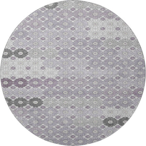 HomeRoots 8' Modern Geometric Lavender Gray & Silver Washable Round Rug with UV Protection for Stylish Spaces 696869