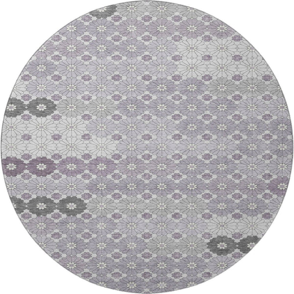 HomeRoots 8' Modern Geometric Lavender Gray & Silver Washable Round Rug with UV Protection for Stylish Spaces 696869
