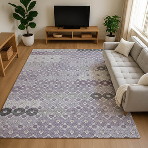HomeRoots 9' X 12' Stylish Lavender Gray & Silver Geometric Area Rug - Washable, UV Protected & Durable Design 696871