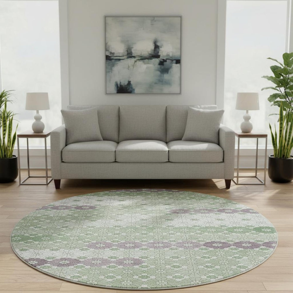 HomeRoots 8' Stylish Sage Purple & Ivory Geometric Round Rug - Washable, UV Protected, Ideal for Homes 696875