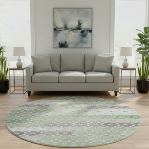 HomeRoots 8' Stylish Sage Purple & Ivory Geometric Round Rug - Washable, UV Protected, Ideal for Homes 696875