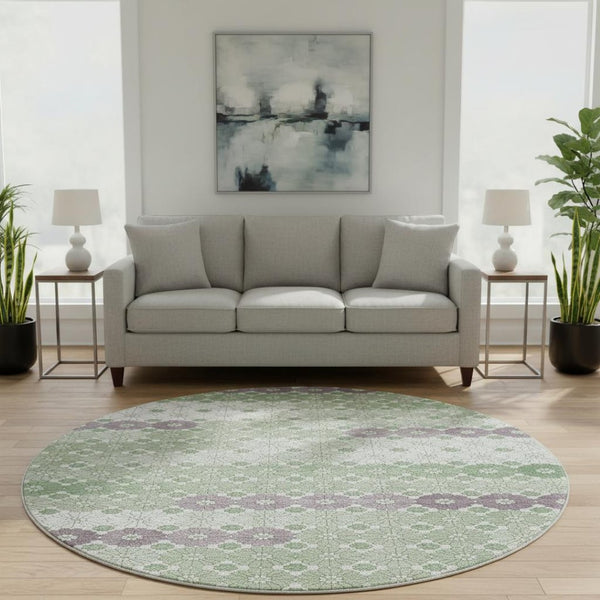 HomeRoots 8' Stylish Sage Purple & Ivory Geometric Round Rug - Washable, UV Protected, Ideal for Homes 696875
