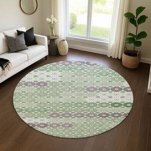 HomeRoots 8' Stylish Sage Purple & Ivory Geometric Round Rug - Washable, UV Protected, Ideal for Homes 696875