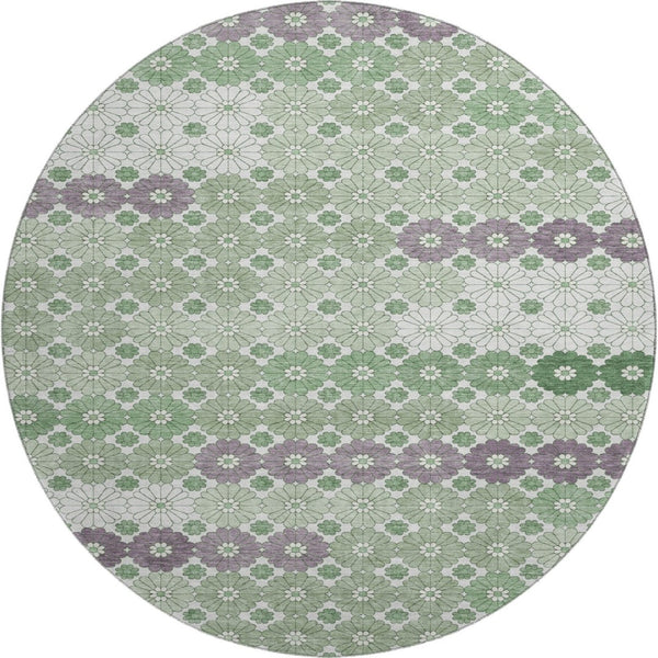 HomeRoots 8' Stylish Sage Purple & Ivory Geometric Round Rug - Washable, UV Protected, Ideal for Homes 696875