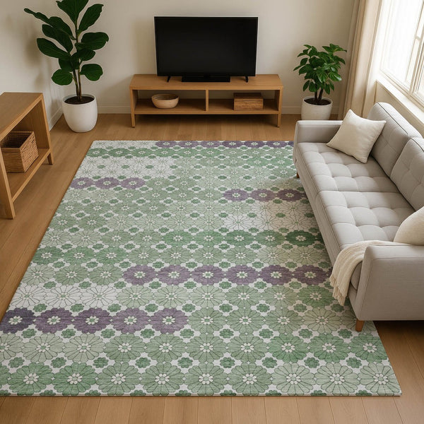 HomeRoots 9' X 12' Sage Purple & Ivory Geometric Washable Area Rug - Stain Resistant, UV Protected & Stylish 696877