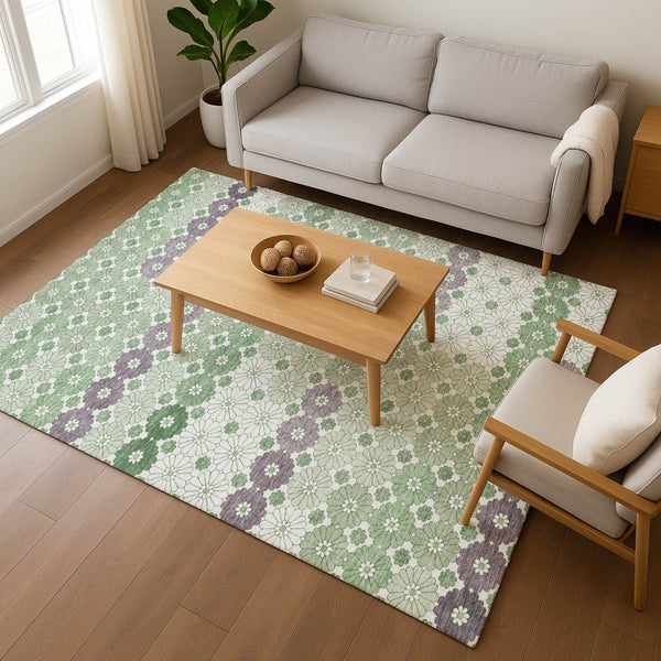 HomeRoots 9' X 12' Sage Purple & Ivory Geometric Washable Area Rug - Stain Resistant, UV Protected & Stylish 696877
