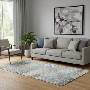 HomeRoots 5' X 8' Stylish Silver Gray & Blue Geometric Area Rug - Washable, UV Protected, Durable Design! 696880