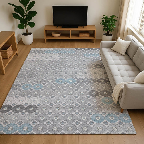HomeRoots 5' X 8' Stylish Silver Gray & Blue Geometric Area Rug - Washable, UV Protected, Durable Design! 696880