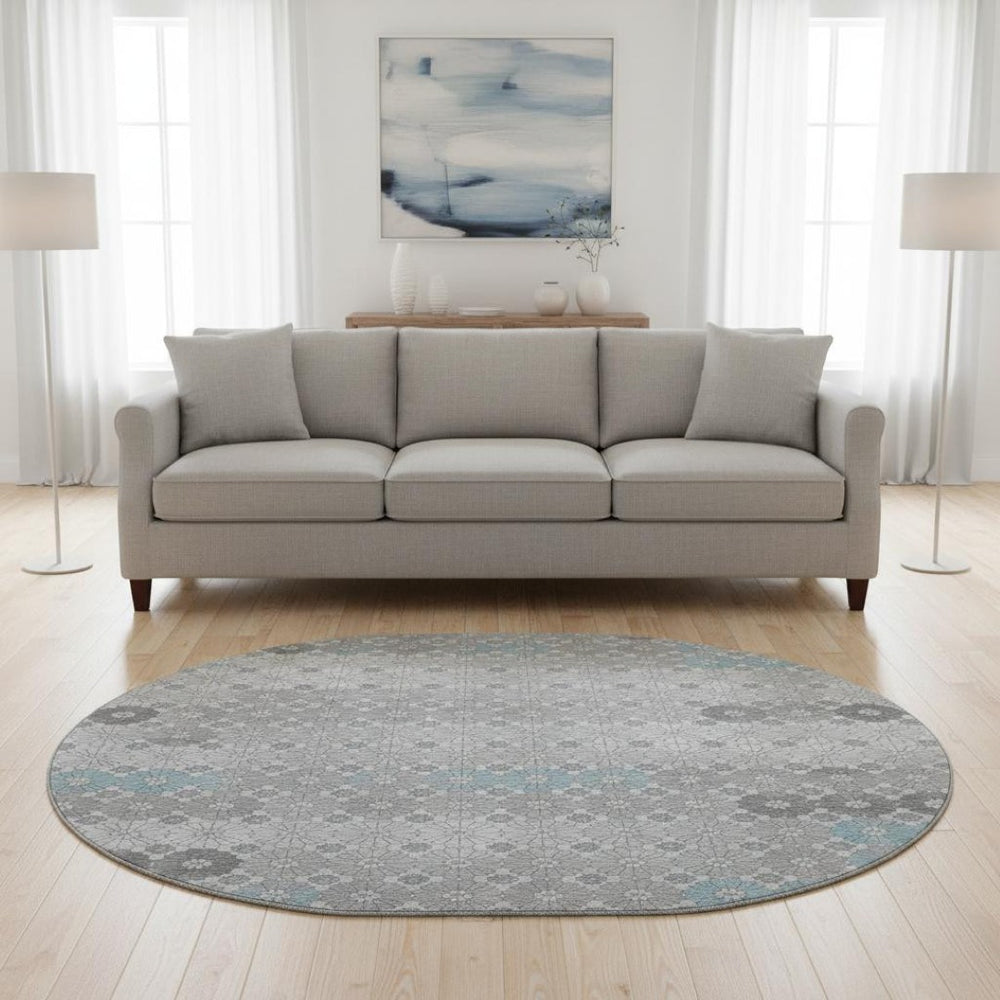 HomeRoots 8' Stylish Silver Gray and Blue Geometric Washable Round Rug with UV Protection for Homes & Kids 696881