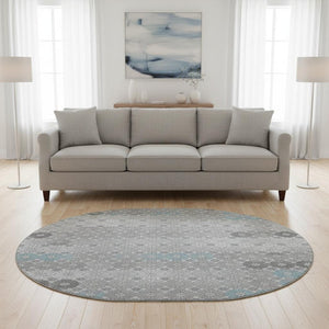 HomeRoots 8' Stylish Silver Gray and Blue Geometric Washable Round Rug with UV Protection for Homes & Kids 696881