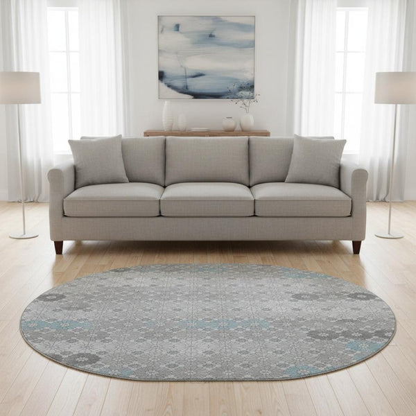 HomeRoots 8' Stylish Silver Gray and Blue Geometric Washable Round Rug with UV Protection for Homes & Kids 696881