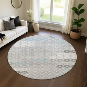HomeRoots 8' Stylish Silver Gray and Blue Geometric Washable Round Rug with UV Protection for Homes & Kids 696881