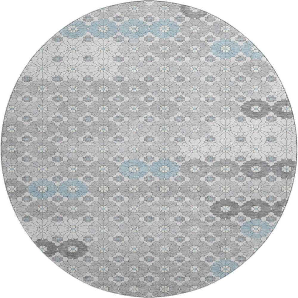 HomeRoots 8' Stylish Silver Gray and Blue Geometric Washable Round Rug with UV Protection for Homes & Kids 696881