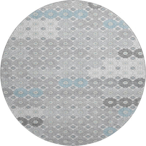 HomeRoots 8' Stylish Silver Gray and Blue Geometric Washable Round Rug with UV Protection for Homes & Kids 696881