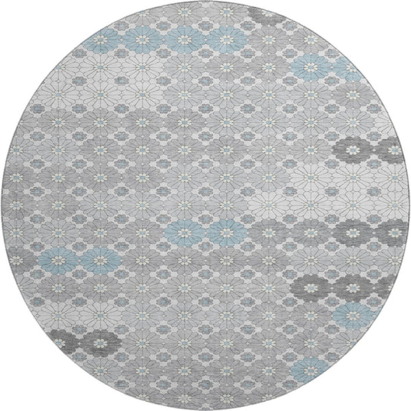 HomeRoots 8' Stylish Silver Gray and Blue Geometric Washable Round Rug with UV Protection for Homes & Kids 696881