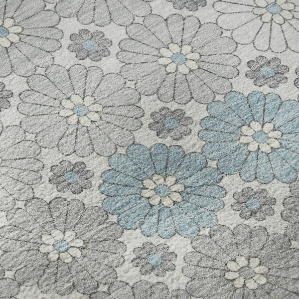 HomeRoots 8' Stylish Silver Gray and Blue Geometric Washable Round Rug with UV Protection for Homes & Kids 696881